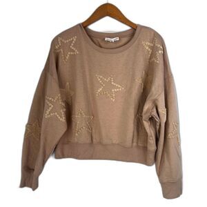 Olive + Oak Tan Cropped Scoop Neck Puffy Star Pullover Sweater Size Medium